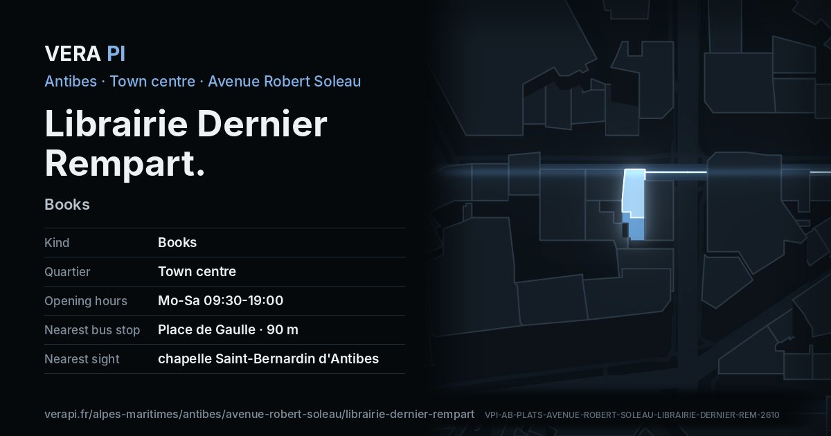 The VERA PI card for Librairie Dernier Rempart