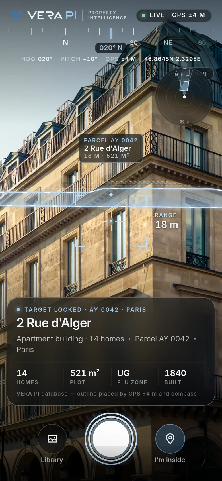 VERA PI Camera locked on 2 Rue d'Alger, Paris: an apartment building of 14 homes, 7 floors, built 1840