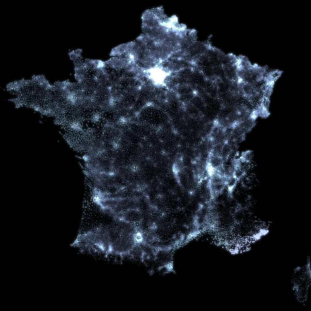 France at night, drawn by VERA from the national register: every recorded sale a point of light.
