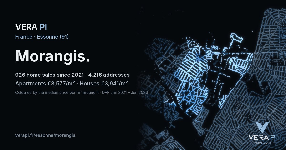 Voie de Contin, Morangis at night – every parcel coloured by the prices around it, the street's own parcels lit