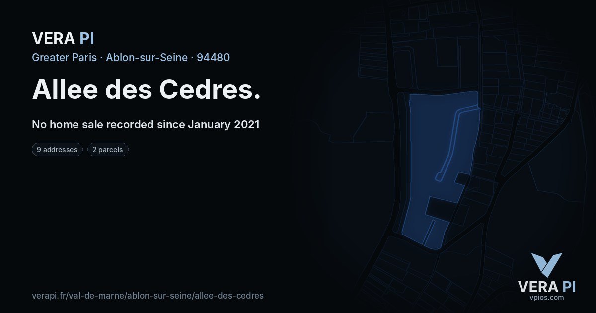 Allee des Cedres, Ablon-sur-Seine at night – every parcel coloured by the prices around it, the street's own parcels lit
