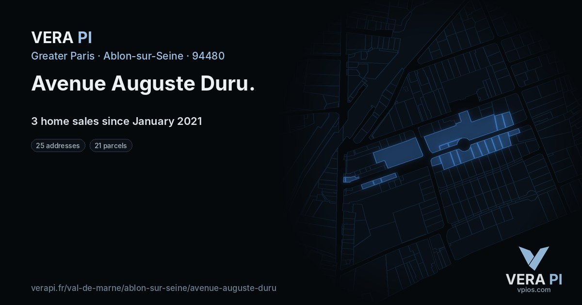Avenue Auguste Duru, Ablon-sur-Seine at night – every parcel coloured by the prices around it, the street's own parcels lit