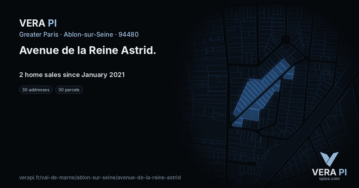 Avenue de la Reine Astrid, Ablon-sur-Seine at night – every parcel coloured by the prices around it, the street's own parcels lit