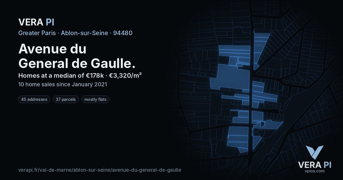 Avenue du General de Gaulle, Ablon-sur-Seine at night – every parcel coloured by the prices around it, the street's own parcels lit