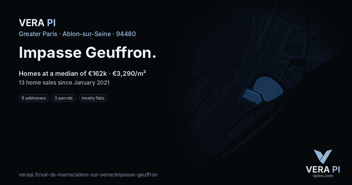 Impasse Geuffron, Ablon-sur-Seine at night – every parcel coloured by the prices around it, the street's own parcels lit