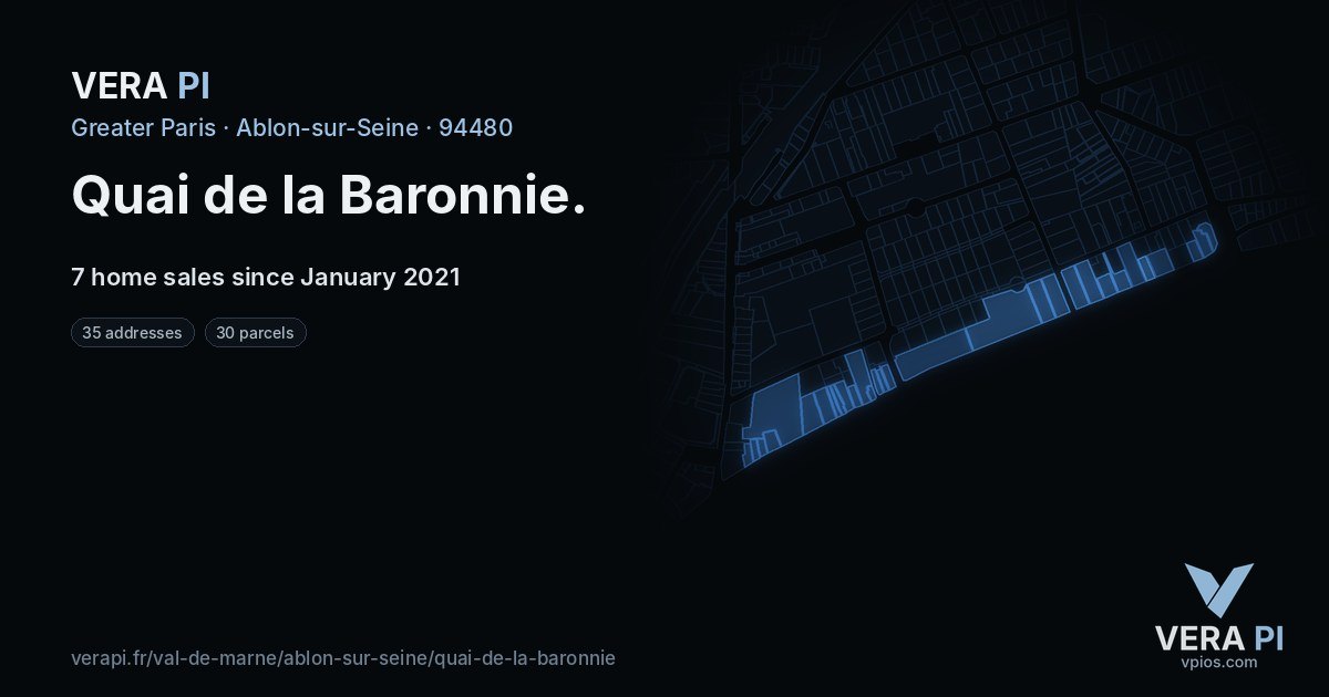 Quai de la Baronnie, Ablon-sur-Seine at night – every parcel coloured by the prices around it, the street's own parcels lit