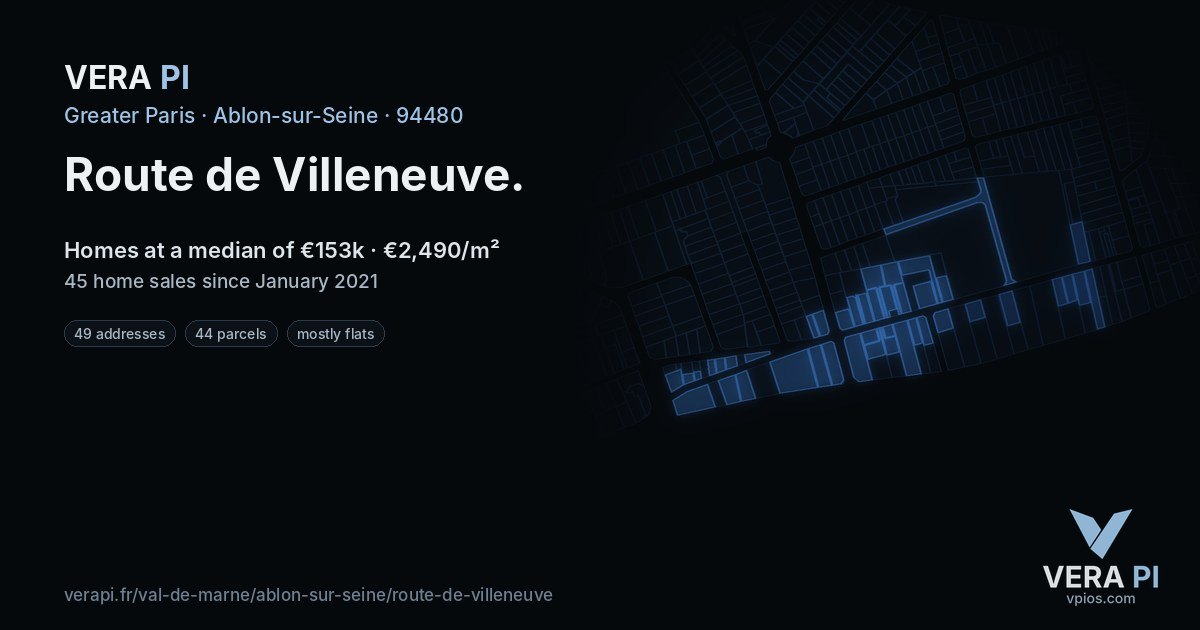 Route de Villeneuve, Ablon-sur-Seine at night – every parcel coloured by the prices around it, the street's own parcels lit