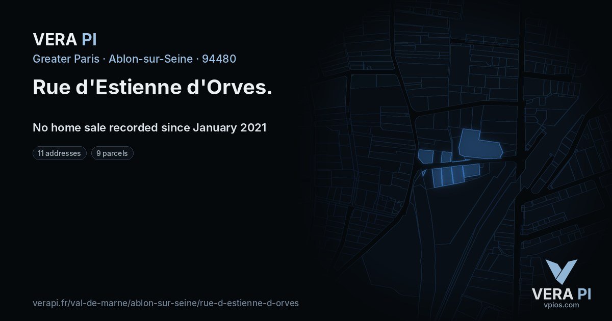 Rue d'Estienne d'Orves, Ablon-sur-Seine at night – every parcel coloured by the prices around it, the street's own parcels lit