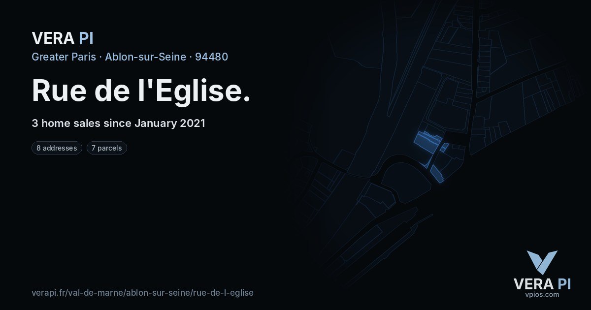 Rue de l'Eglise, Ablon-sur-Seine at night – every parcel coloured by the prices around it, the street's own parcels lit
