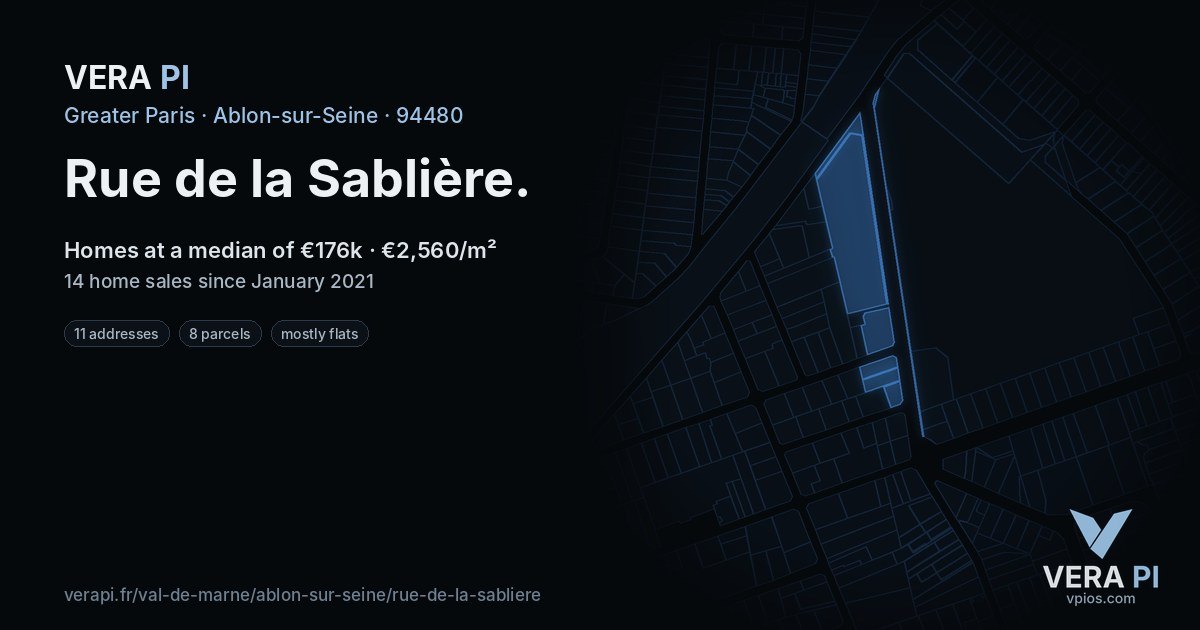 Rue de la Sablière, Ablon-sur-Seine at night – every parcel coloured by the prices around it, the street's own parcels lit