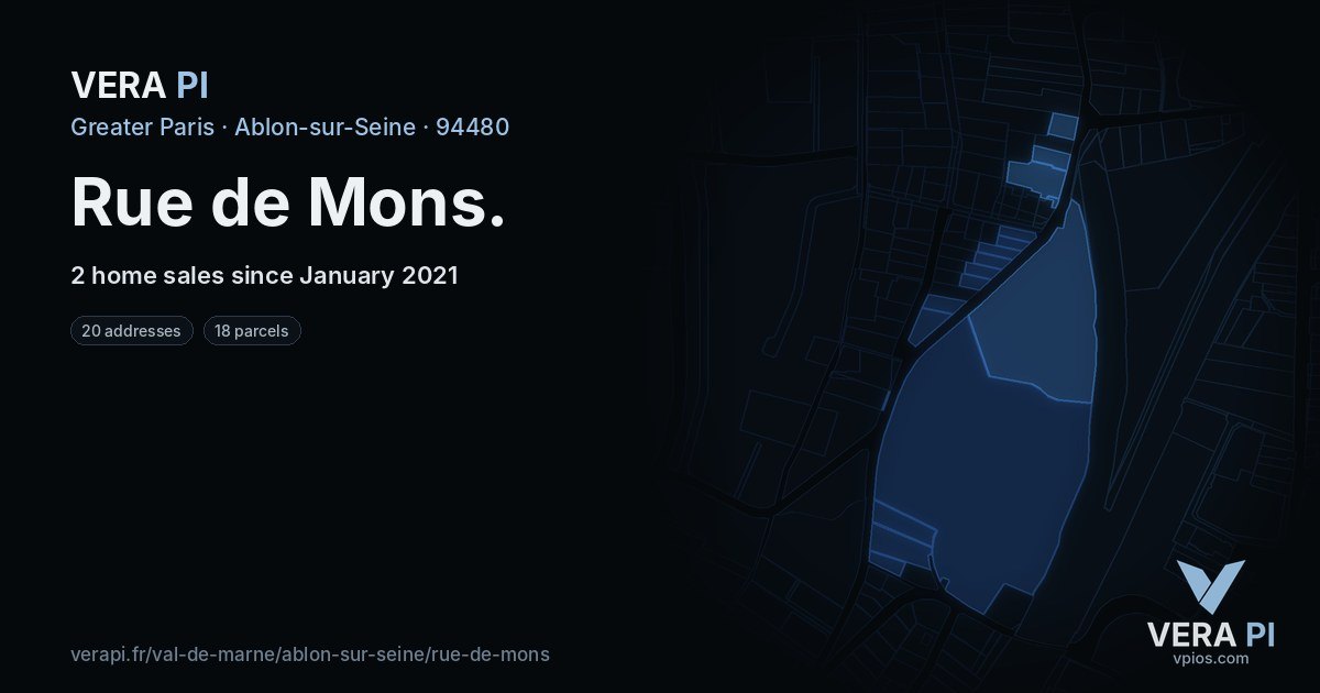 Rue de Mons, Ablon-sur-Seine at night – every parcel coloured by the prices around it, the street's own parcels lit