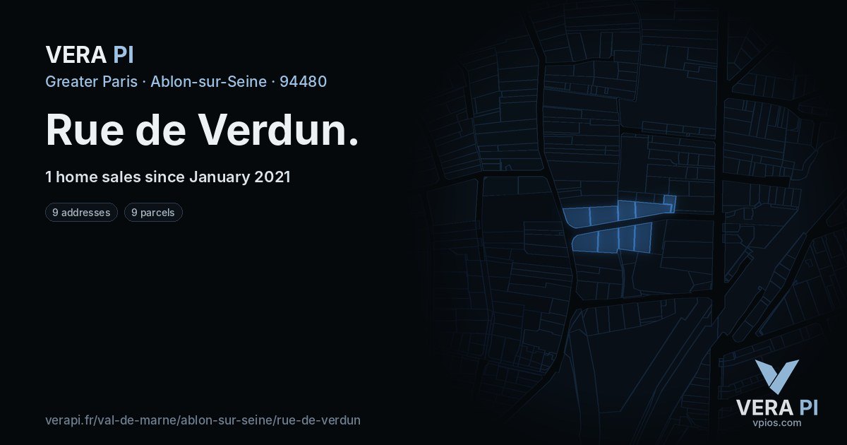 Rue de Verdun, Ablon-sur-Seine at night – every parcel coloured by the prices around it, the street's own parcels lit