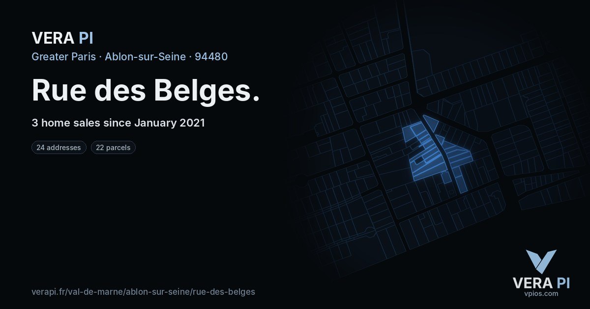 Rue des Belges, Ablon-sur-Seine at night – every parcel coloured by the prices around it, the street's own parcels lit