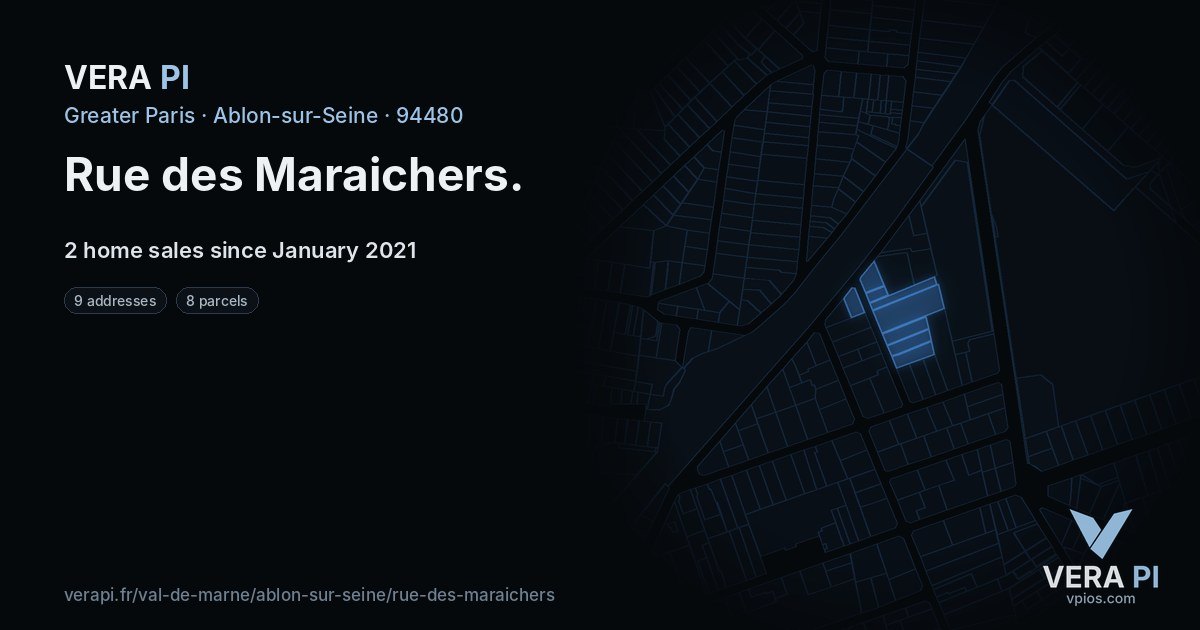 Rue des Maraichers, Ablon-sur-Seine at night – every parcel coloured by the prices around it, the street's own parcels lit
