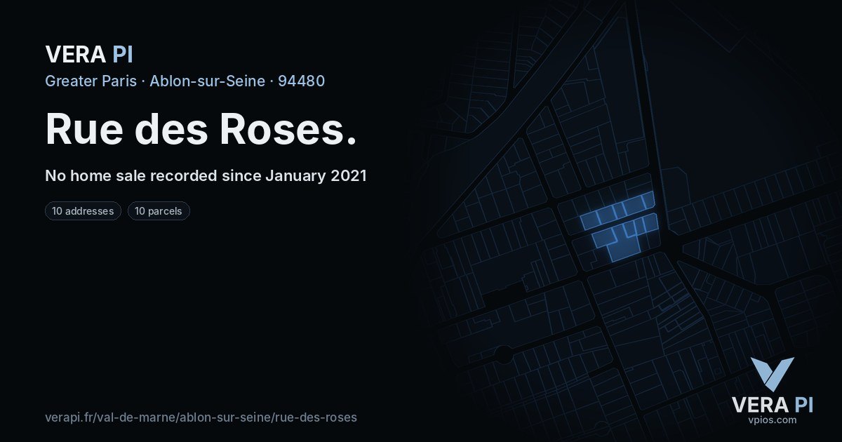 Rue des Roses, Ablon-sur-Seine at night – every parcel coloured by the prices around it, the street's own parcels lit
