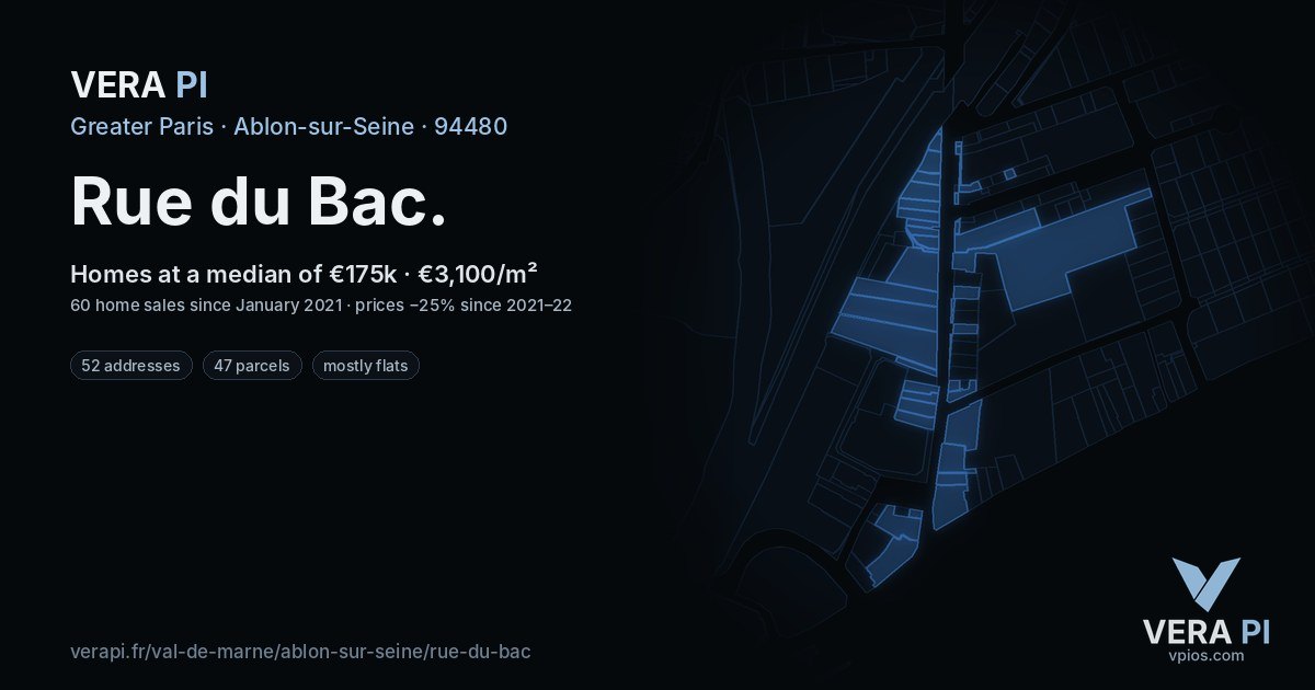 Rue du Bac, Ablon-sur-Seine at night – every parcel coloured by the prices around it, the street's own parcels lit