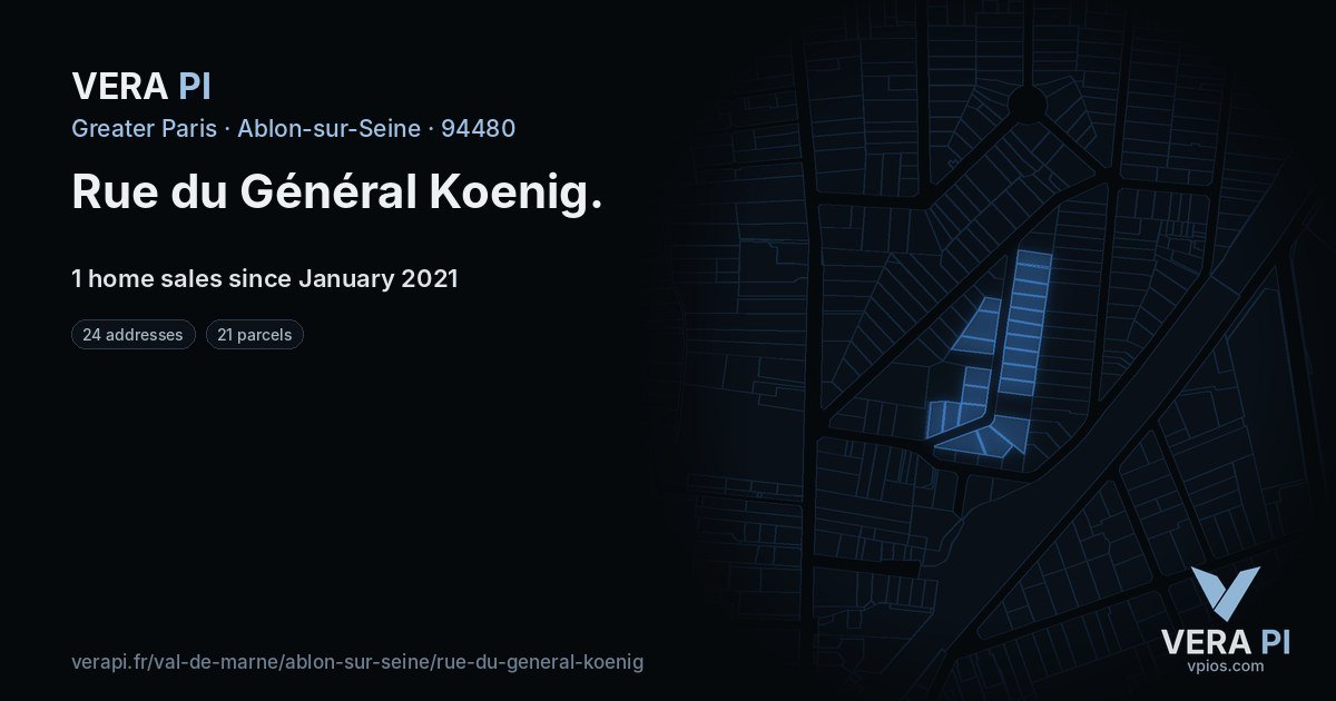 Rue du Général Koenig, Ablon-sur-Seine at night – every parcel coloured by the prices around it, the street's own parcels lit