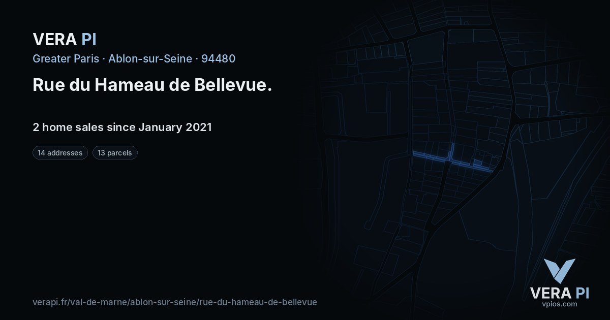 Rue du Hameau de Bellevue, Ablon-sur-Seine at night – every parcel coloured by the prices around it, the street's own parcels lit
