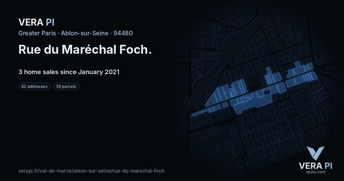 Rue du Maréchal Foch, Ablon-sur-Seine at night – every parcel coloured by the prices around it, the street's own parcels lit