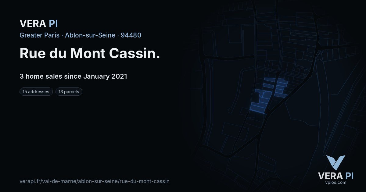 Rue du Mont Cassin, Ablon-sur-Seine at night – every parcel coloured by the prices around it, the street's own parcels lit