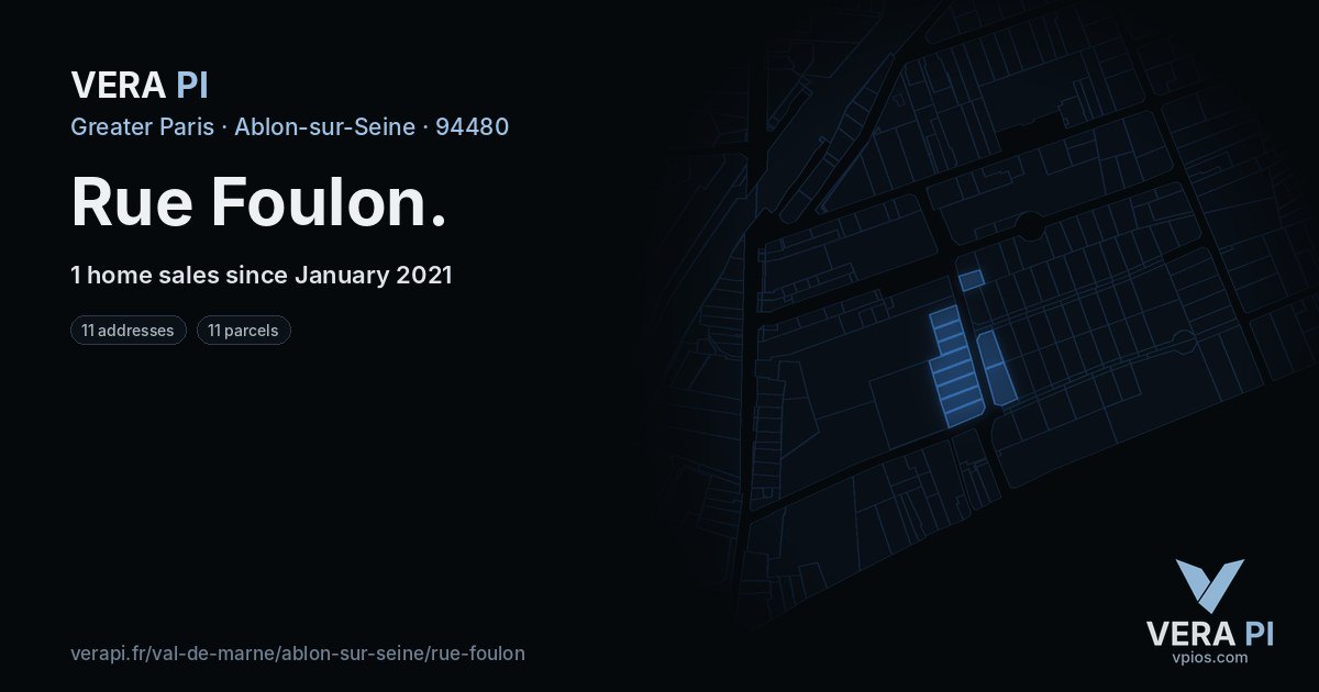 Rue Foulon, Ablon-sur-Seine at night – every parcel coloured by the prices around it, the street's own parcels lit