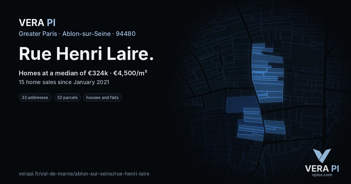 Rue Henri Laire, Ablon-sur-Seine at night – every parcel coloured by the prices around it, the street's own parcels lit