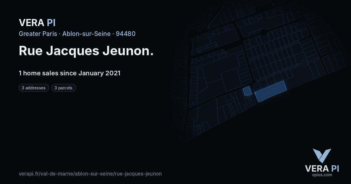 Rue Jacques Jeunon, Ablon-sur-Seine at night – every parcel coloured by the prices around it, the street's own parcels lit