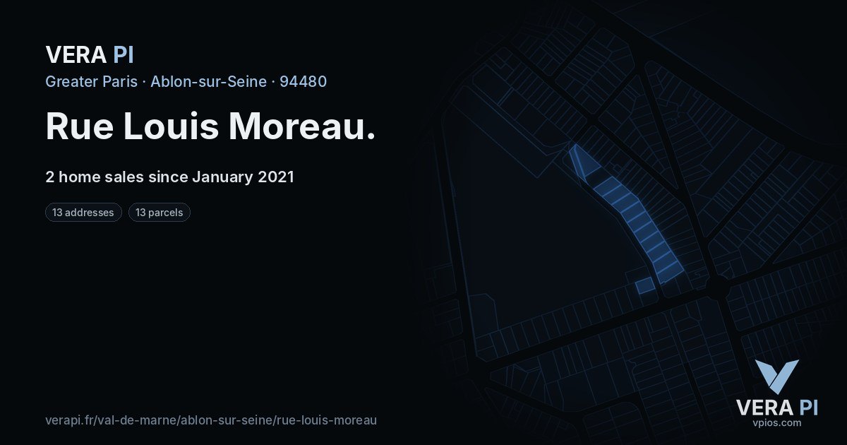 Rue Louis Moreau, Ablon-sur-Seine at night – every parcel coloured by the prices around it, the street's own parcels lit