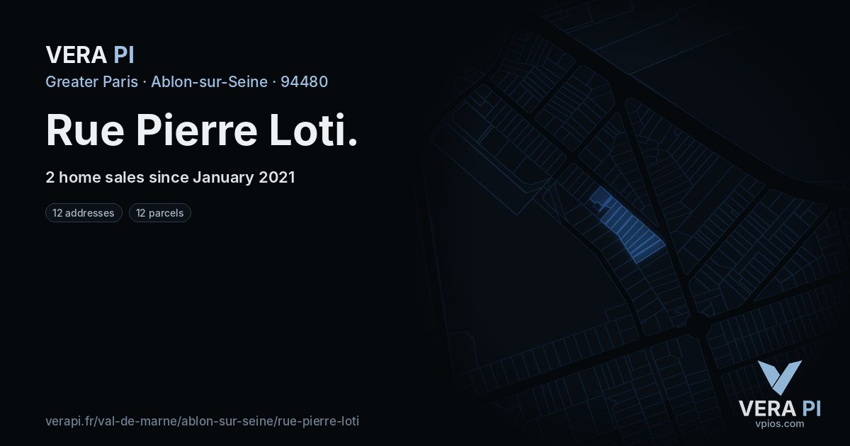 Rue Pierre Loti, Ablon-sur-Seine at night – every parcel coloured by the prices around it, the street's own parcels lit
