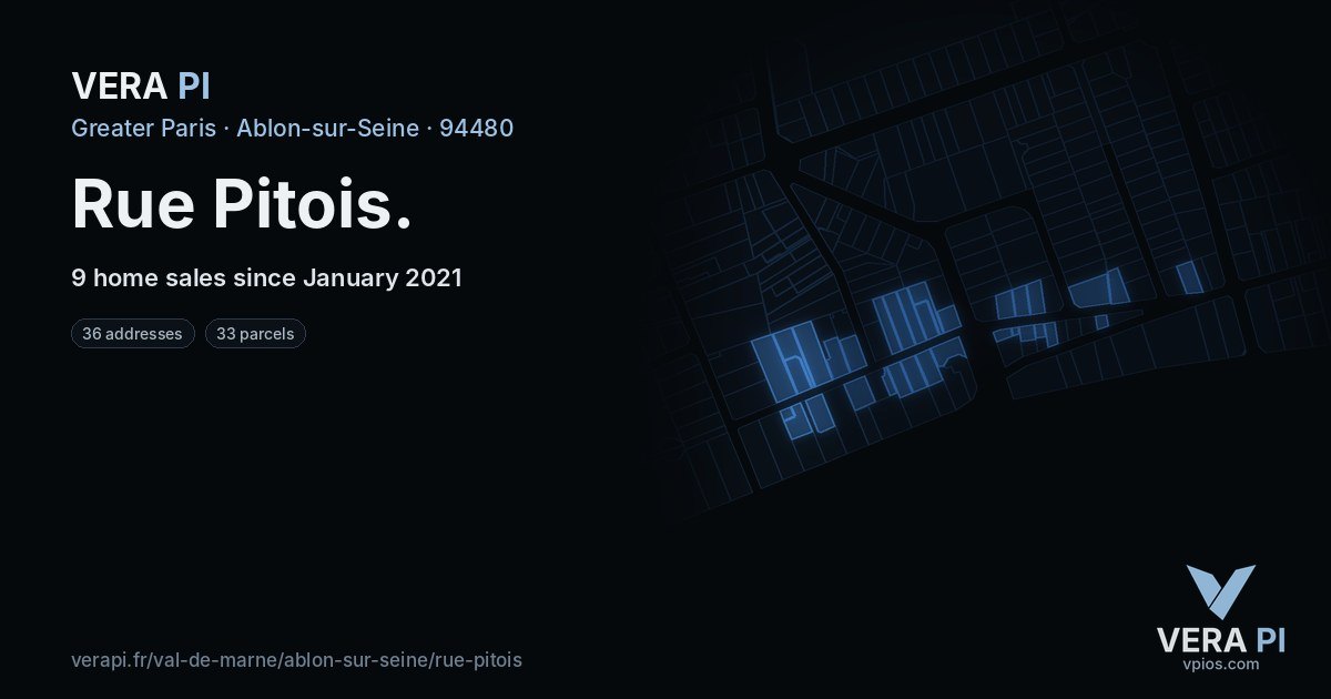 Rue Pitois, Ablon-sur-Seine at night – every parcel coloured by the prices around it, the street's own parcels lit