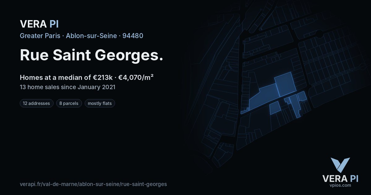 Rue Saint Georges, Ablon-sur-Seine at night – every parcel coloured by the prices around it, the street's own parcels lit