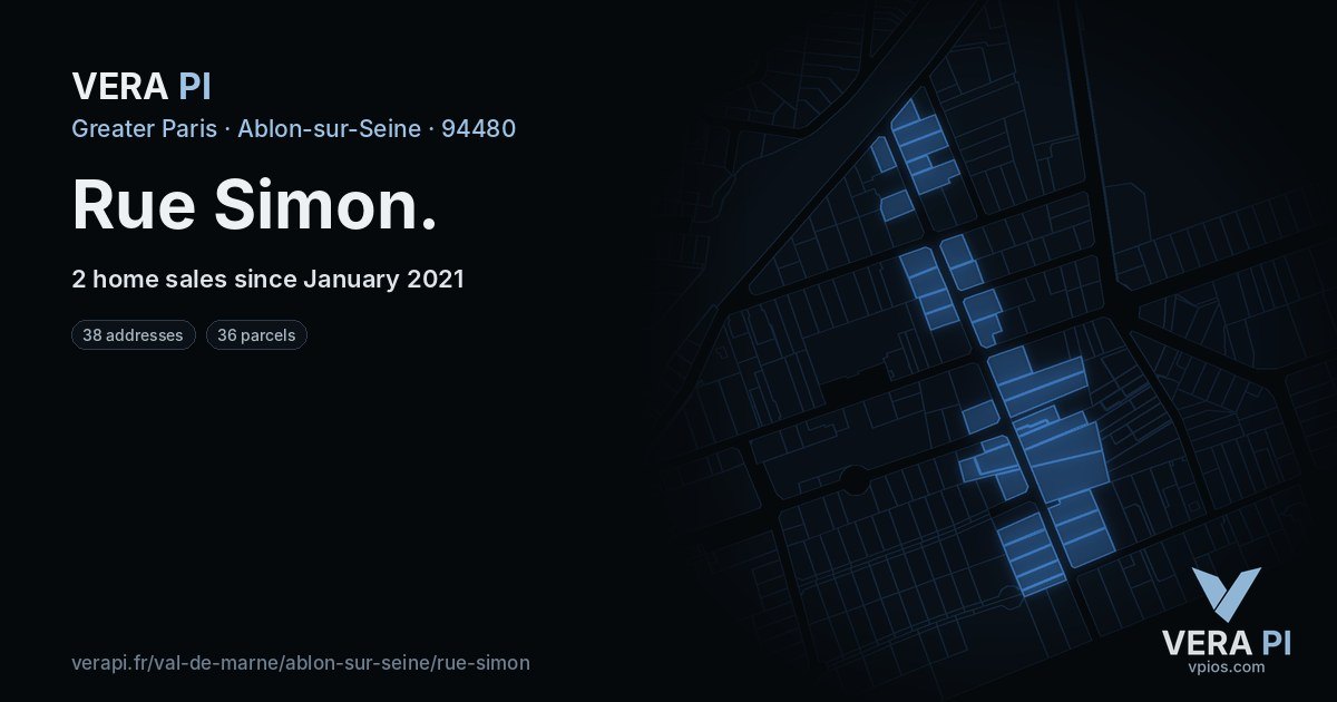 Rue Simon, Ablon-sur-Seine at night – every parcel coloured by the prices around it, the street's own parcels lit