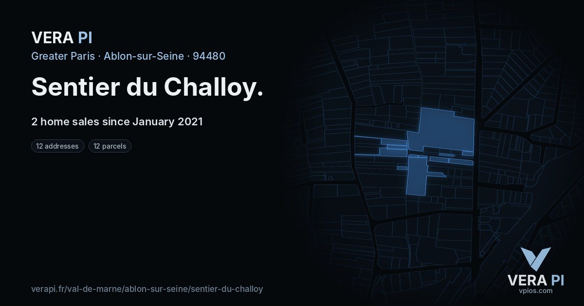 Sentier du Challoy, Ablon-sur-Seine at night – every parcel coloured by the prices around it, the street's own parcels lit