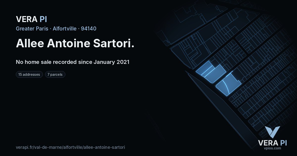 Allee Antoine Sartori, Alfortville at night – every parcel coloured by the prices around it, the street's own parcels lit