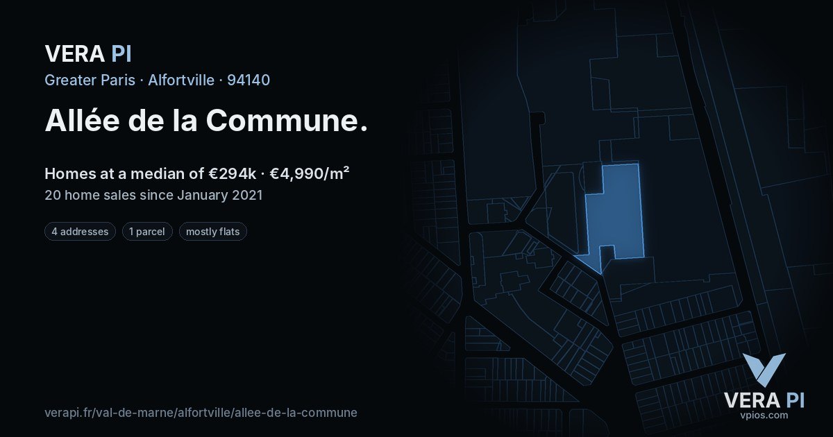 Allée de la Commune, Alfortville at night – every parcel coloured by the prices around it, the street's own parcels lit