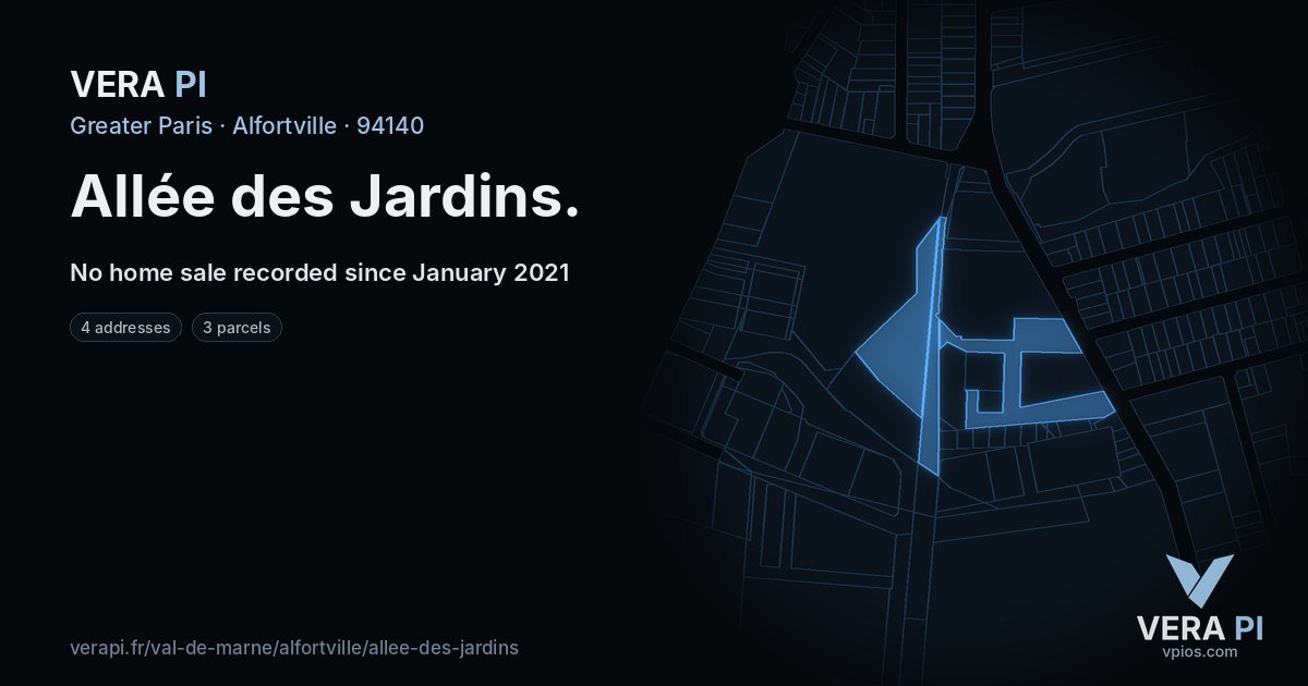 Allée des Jardins, Alfortville at night – every parcel coloured by the prices around it, the street's own parcels lit