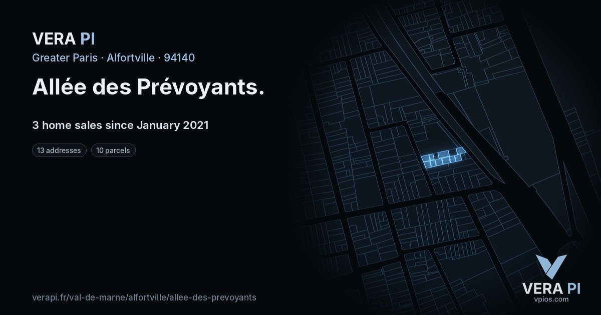 Allée des Prévoyants, Alfortville at night – every parcel coloured by the prices around it, the street's own parcels lit