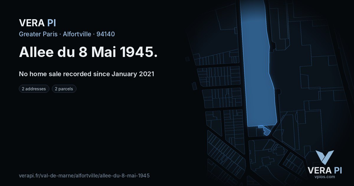Allee du 8 Mai 1945, Alfortville at night – every parcel coloured by the prices around it, the street's own parcels lit
