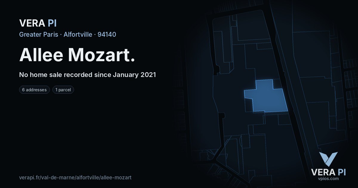 Allee Mozart, Alfortville at night – every parcel coloured by the prices around it, the street's own parcels lit