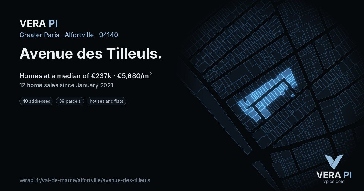 Avenue des Tilleuls, Alfortville at night – every parcel coloured by the prices around it, the street's own parcels lit
