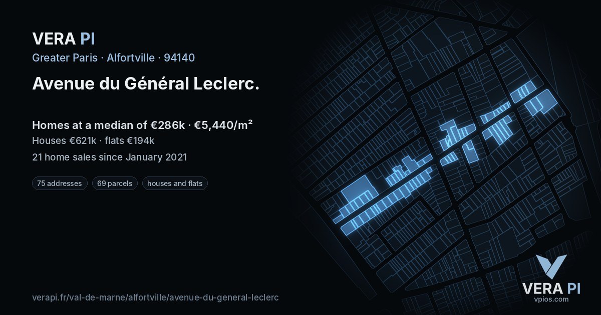 Avenue du Général Leclerc, Alfortville at night – every parcel coloured by the prices around it, the street's own parcels lit