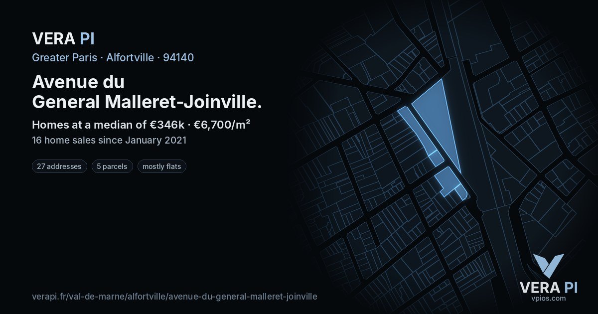 Avenue du General Malleret-Joinville, Alfortville at night – every parcel coloured by the prices around it, the street's own parcels lit