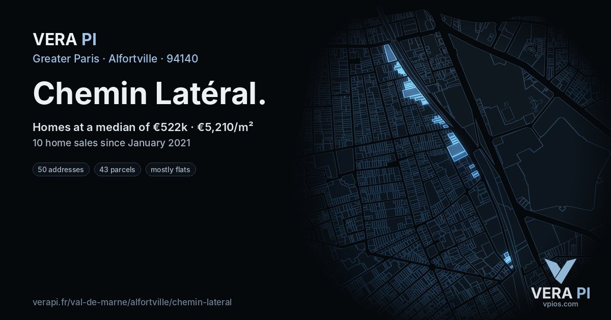 Chemin Latéral, Alfortville at night – every parcel coloured by the prices around it, the street's own parcels lit