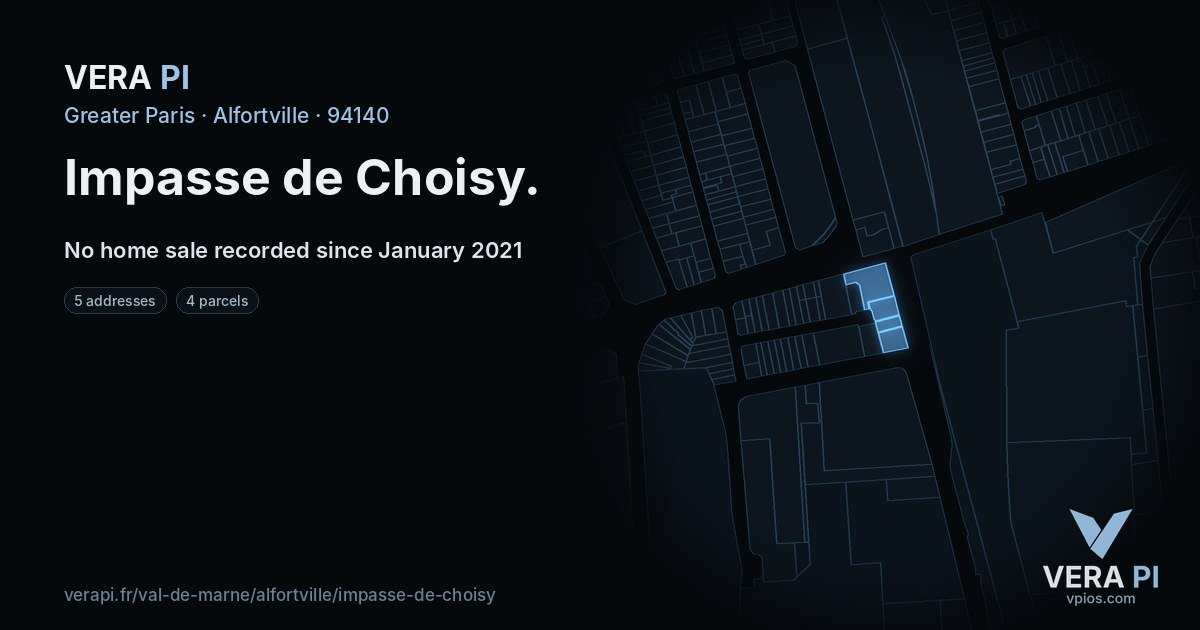 Impasse de Choisy, Alfortville at night – every parcel coloured by the prices around it, the street's own parcels lit