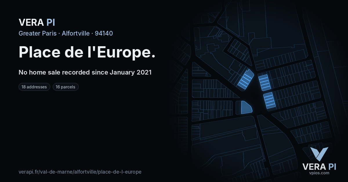 Place de l'Europe, Alfortville at night – every parcel coloured by the prices around it, the street's own parcels lit