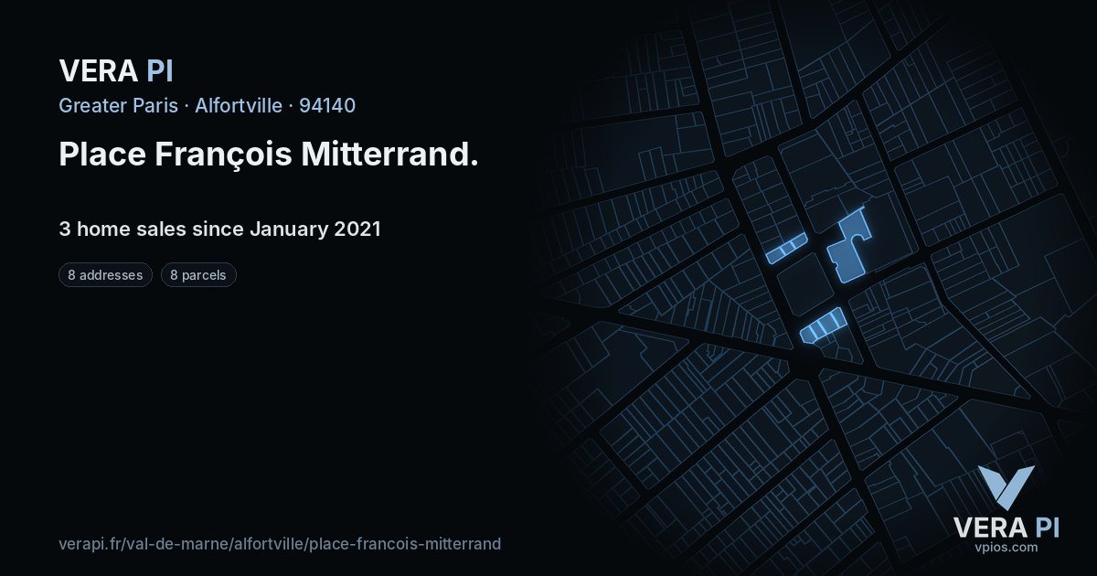 Place François Mitterrand, Alfortville at night – every parcel coloured by the prices around it, the street's own parcels lit