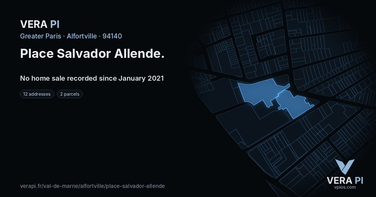 Place Salvador Allende, Alfortville at night – every parcel coloured by the prices around it, the street's own parcels lit
