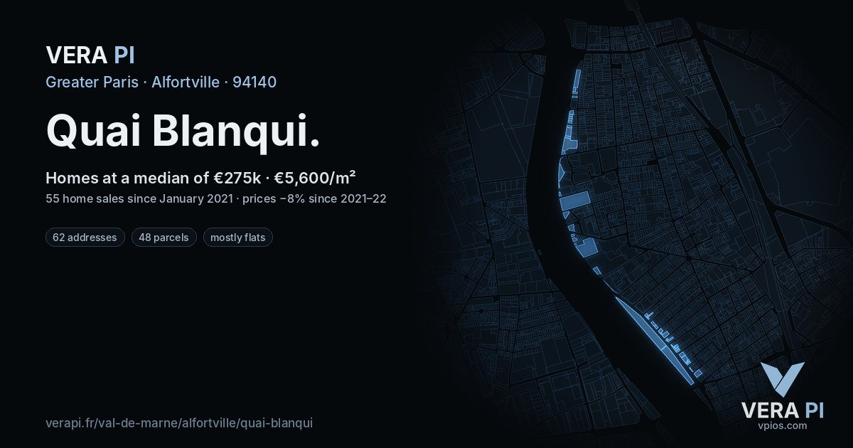 Quai Blanqui, Alfortville at night – every parcel coloured by the prices around it, the street's own parcels lit