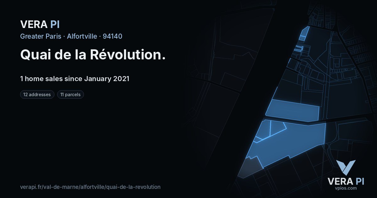 Quai de la Révolution, Alfortville at night – every parcel coloured by the prices around it, the street's own parcels lit