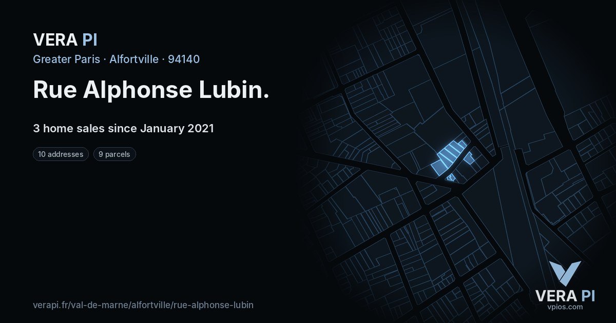 Rue Alphonse Lubin, Alfortville at night – every parcel coloured by the prices around it, the street's own parcels lit